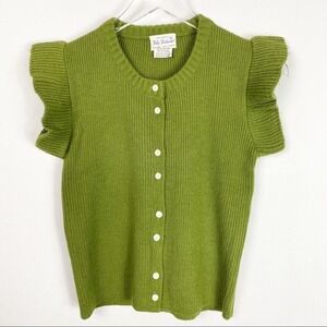 Vintage Green Ruffle Cap Sleeve Button Front Fully‎ Fashioned Sweater M